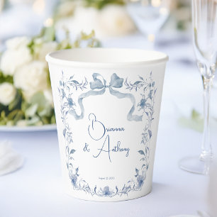 Dusty blue floral greenery ribbon elegant custom paper cups