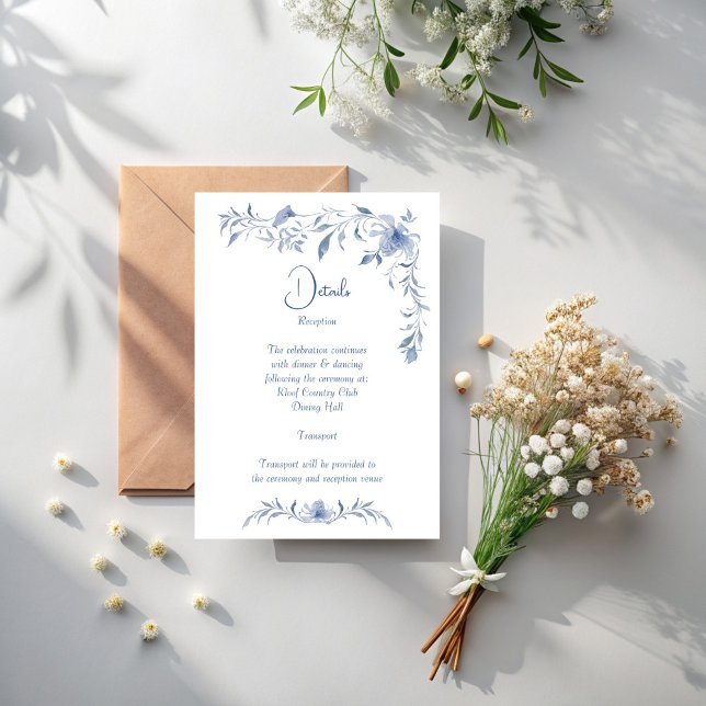 Dusty blue floral greenery ribbon elegant wedding enclosure card (Dusty blue floral greenery ribbon elegant wedding details enclosure card wedding invitation suite)