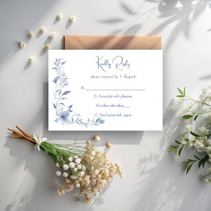 Dusty blue floral greenery ribbon elegant wedding RSVP card