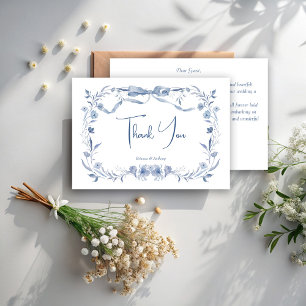 Dusty blue floral greenery ribbon elegant wedding thank you card