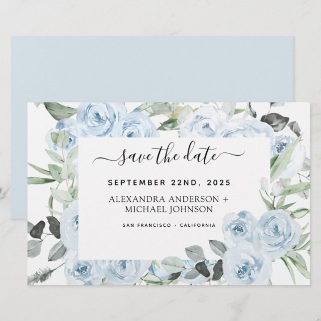 Dusty Blue Floral Greenery Save the Date  Invitati (Front/Back)