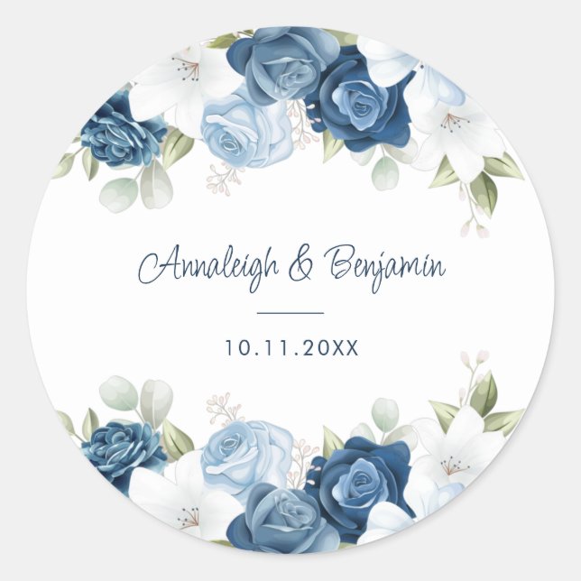 Dusty Blue Floral Greenery Script Wedding Classic Round Sticker (Front)