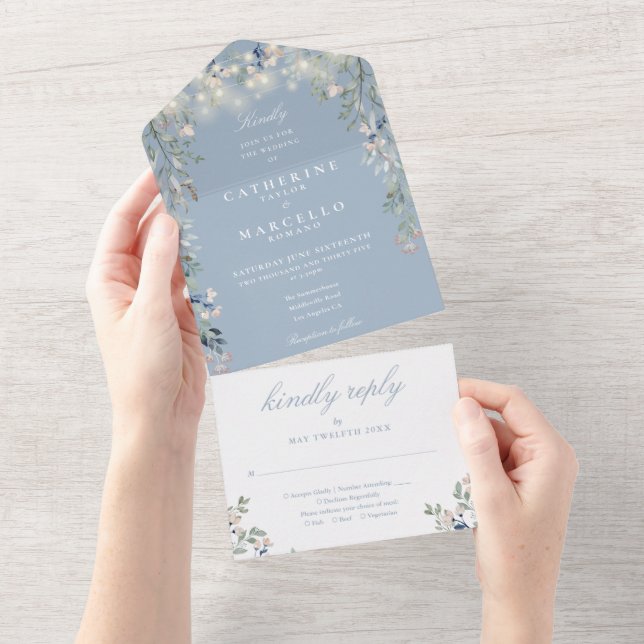 Dusty Blue Floral Greenery String Lights Wedding All In One Invitation (Tearaway)