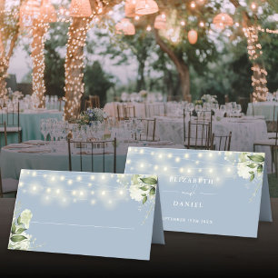 Dusty Blue Floral Greenery String Lights Wedding Place Card