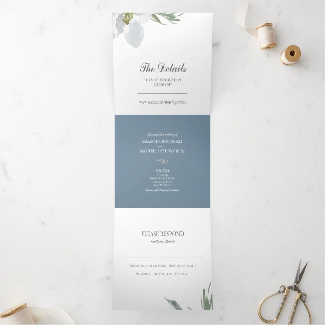 Dusty Blue Floral Greenery Trifold Wedding Invite (Inside)