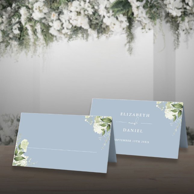 Dusty Blue Floral Greenery Wedding Folded Place Card (Dusty Blue Floral Greenery Wedding Folded Place Card)