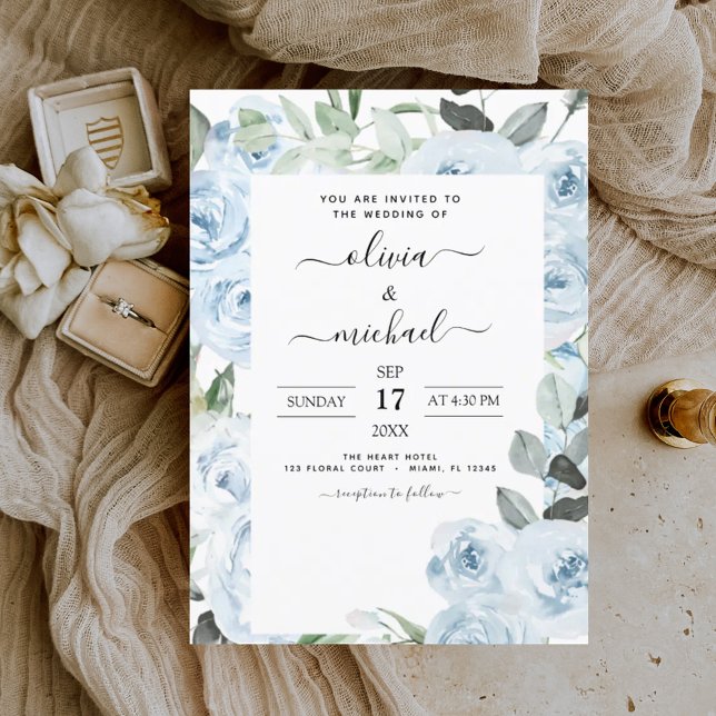 Dusty Blue Floral Greenery Wedding Invitation (Creator Uploaded)