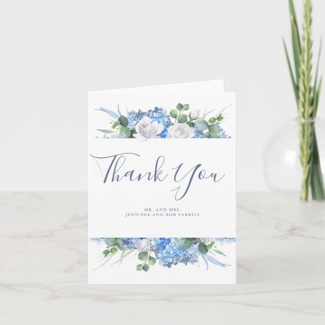 Dusty Blue Floral Greenery Wedding Thank You (Front)