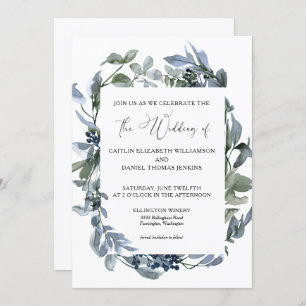 Dusty Blue Floral Greenery Wreath Wedding  Invitation