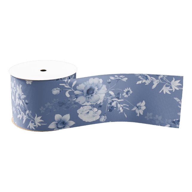 Dusty Blue Floral Grosgrain Ribbon (Spool)