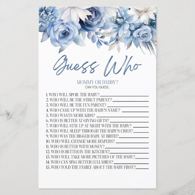 Dusty Blue Floral Guess Who Baby Shower Game (Front)