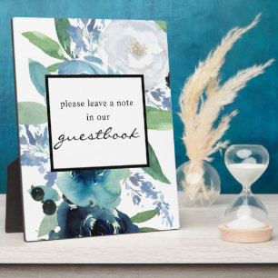 Dusty Blue Floral Guestbook Sign Easel Black Plaque