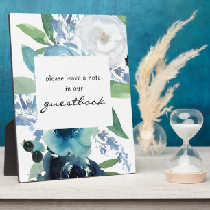 Dusty Blue Floral Guestbook Sign Easel Black V2 Plaque