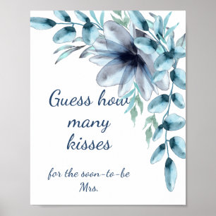 Dusty blue floral how many kisses bridal shower  poster