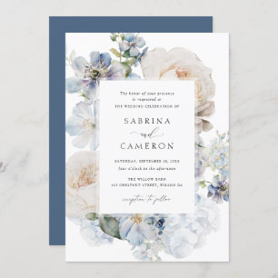 Dusty Blue Floral Hydrangea Roses Wedding Invitation