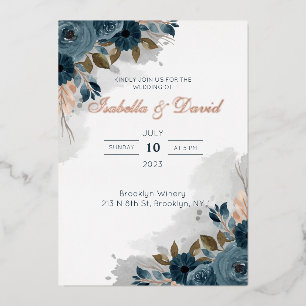 Dusty Blue Floral I Foil Wedding Invitation