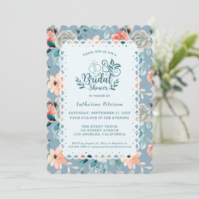 Dusty Blue Floral Lace | Decorative Calligraphy Invitation (Standing Front)