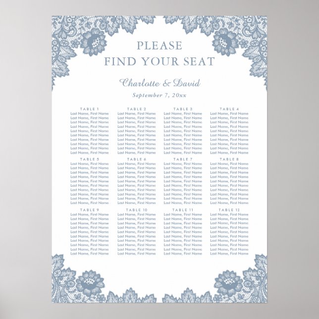 Dusty Blue Floral Lace Wedding Seating Chart 12 (Front)