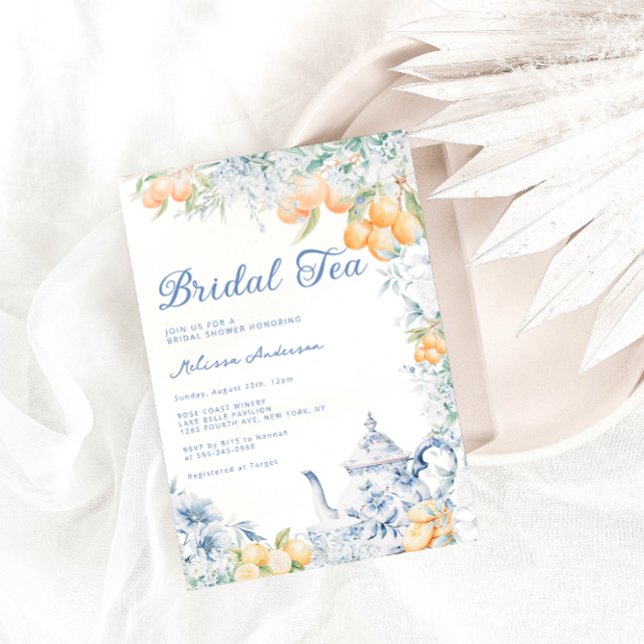 Dusty Blue Floral & Lemon Bridal Tea Bridal Shower Invitation (Creator Uploaded)