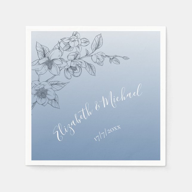 Dusty Blue Floral Line Art | Custom Wedding Napkin (Front)