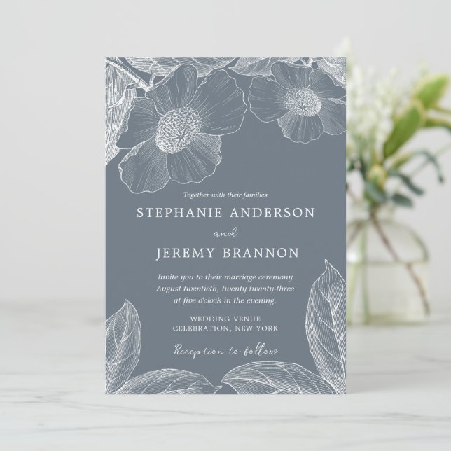 Dusty Blue Floral Line Art Invitation (Standing Front)