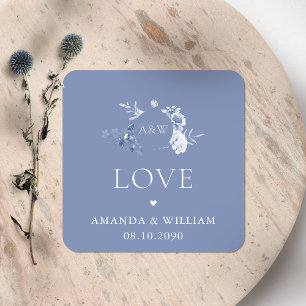 Dusty Blue Floral Love Wedding Sticker with Names