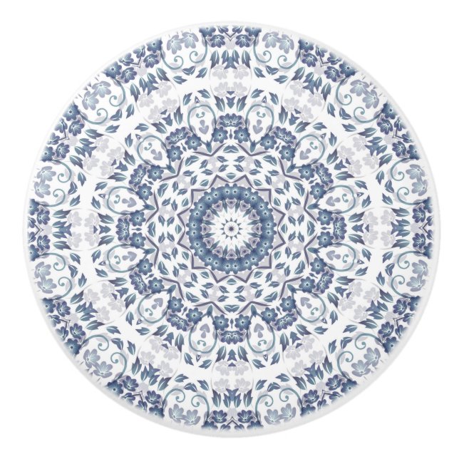  Dusty Blue Floral Mandala Ceramic Knob (Front)