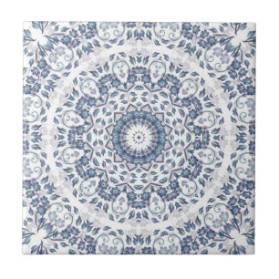 Dusty Blue Floral Mandala Ceramic Tile
