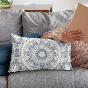 Dusty Blue Floral Mandala Lumbar Cushion