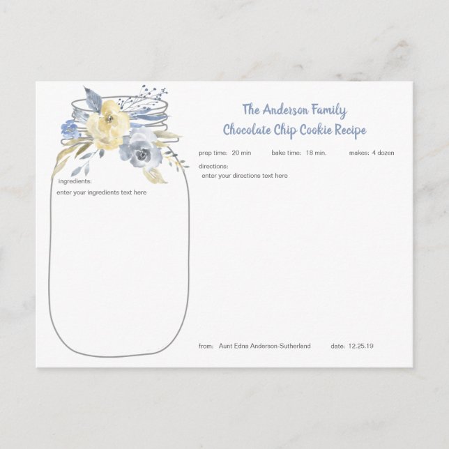 Dusty Blue Floral Mason Jar Family Recipe Cards (Front)