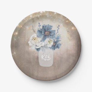 Dusty Blue Floral Mason Jar Initials Rustic Wood Paper Plate