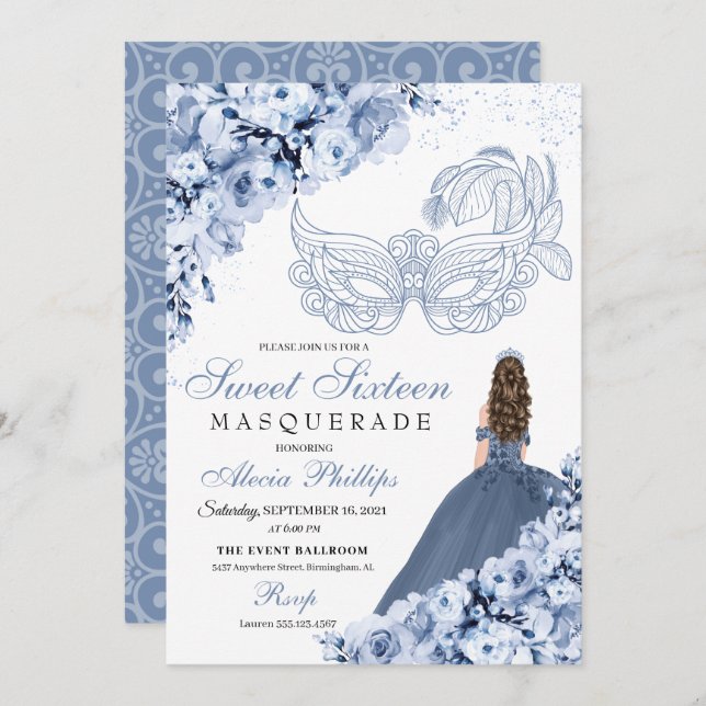 Dusty Blue Floral Masquerade Sweet 16 Invitation (Front/Back)