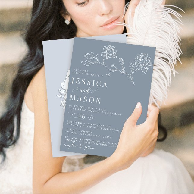 Dusty blue floral minimalist wedding invitation (Creator Uploaded)