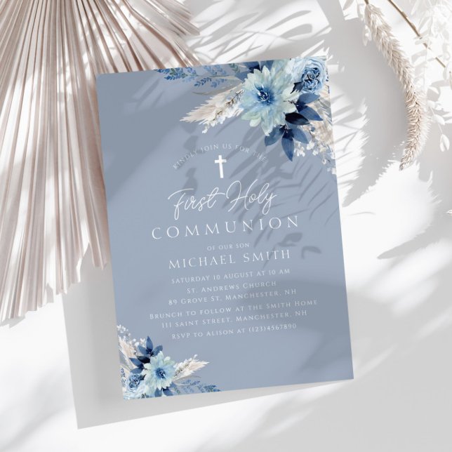 Dusty blue floral modern first communion invitation (Creator Uploaded)