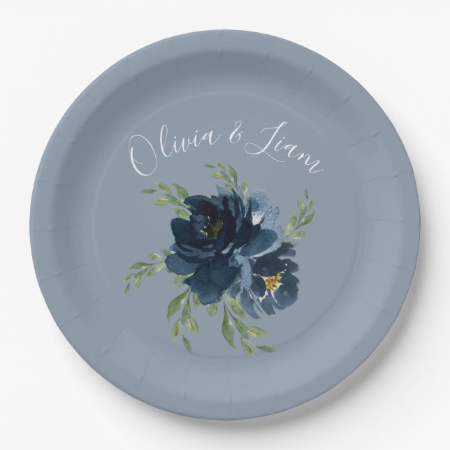 Dusty Blue Floral Modern Script Elegant Name Paper Plate (Front)