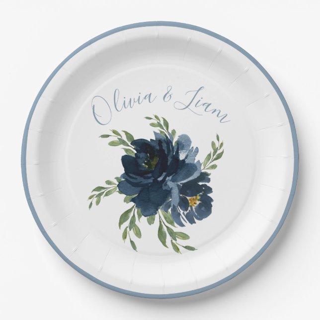 Dusty Blue Floral Modern Script Elegant Name Paper Plate (Front)