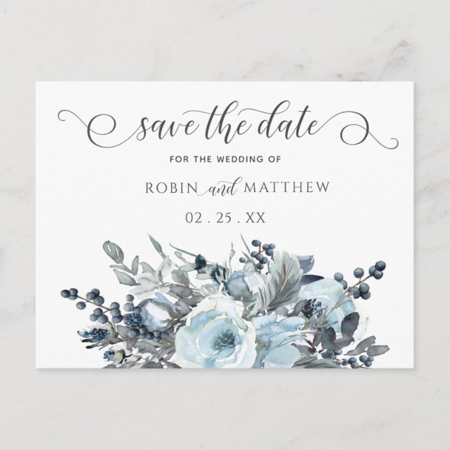 Dusty Blue Floral, Modern Script, Save the Date Announcement Postcard (Front)