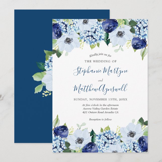 Dusty Blue Floral Modern Watercolor Wedding Invitation (Front/Back)