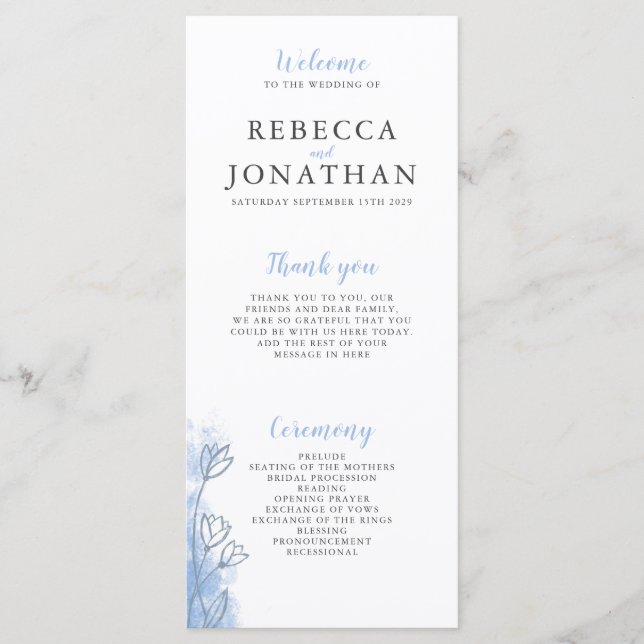 Dusty Blue Floral Modern Wedding Program Card (Front)