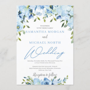 Dusty blue floral modern winter chic wedding invitation