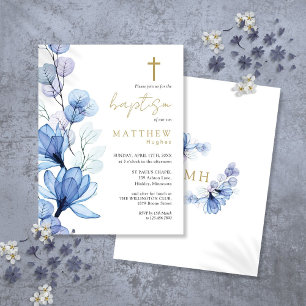 Dusty Blue Floral Monogram Baptism Invitation Postcard