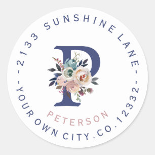 Dusty Blue Floral Monogram Circular Address Label