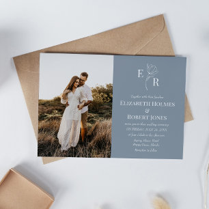 Dusty Blue Floral Monogram Custom Photo Wedding  Invitation