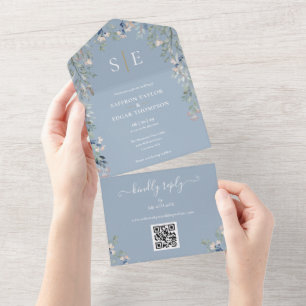 Dusty Blue Floral Monogram QR Code Wedding All In One Invitation