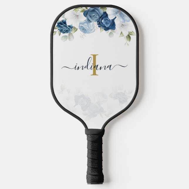 Dusty Blue Floral Monogram Script Greenery Pickleball Paddle (Front)