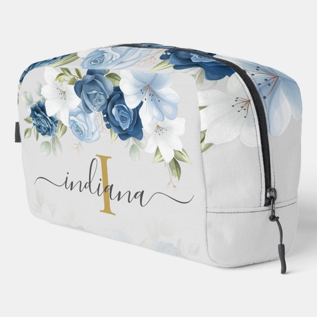 Dusty Blue Floral Monogram Script Watercolor Dopp Kit (Right Corner)