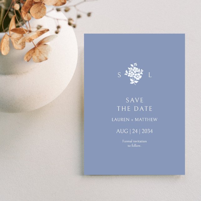 Dusty Blue Floral Monogram Wedding Flat  Save The Date (Creator Uploaded)