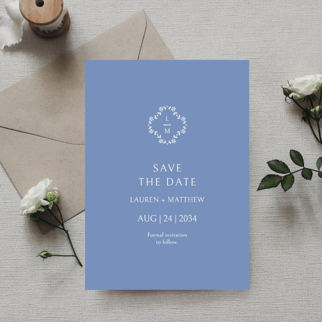 Dusty Blue Floral Monogram Wedding Flat  Save The Date (Creator Uploaded)