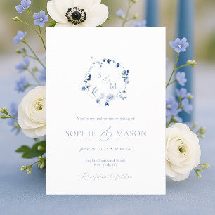 Dusty Blue Floral Monogram Wedding Invitation 