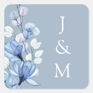 Dusty Blue Floral Monogram Wedding Square Sticker